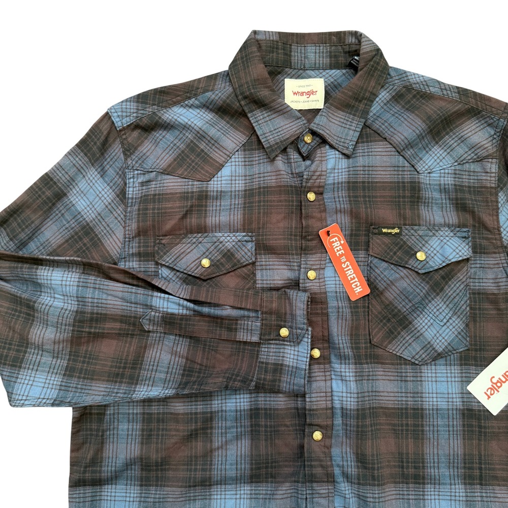 Wrangler Western Shirt Mens L Blue Brown Plaid Free to Stretch Pearl Snap